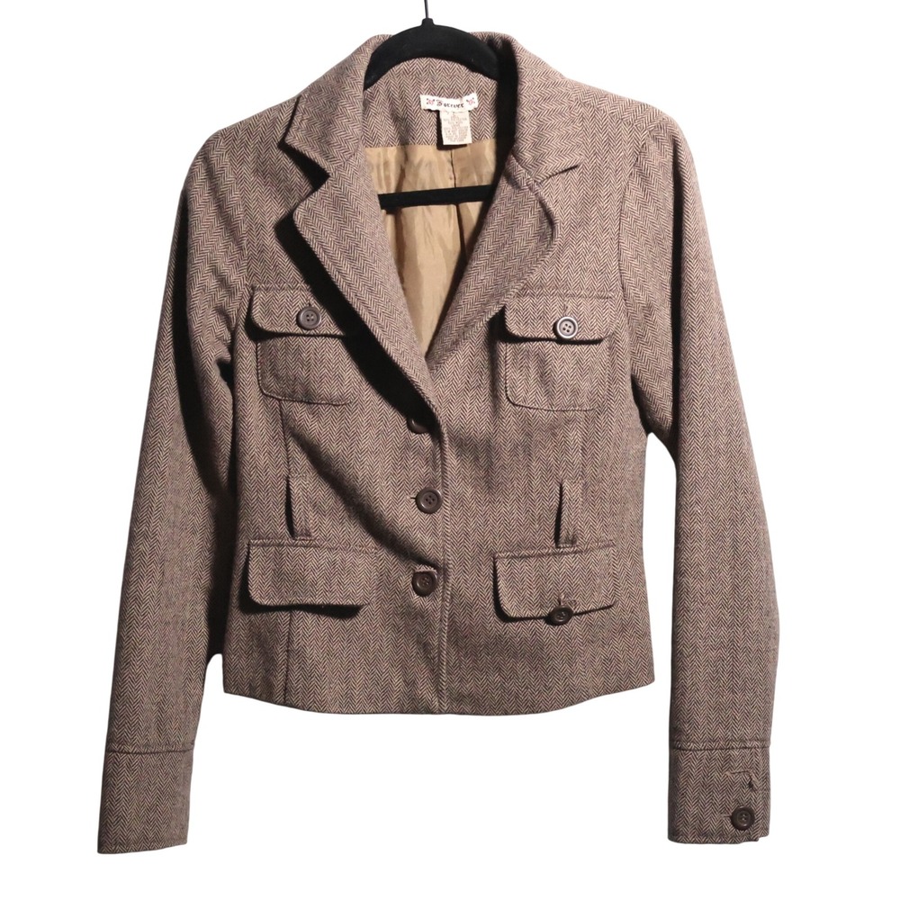 VTG Y2K Brown Wool Blend Herringbone Blazer Jacket Academia Preppy Womens S*